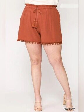 EUC Gigio "Tassel Tie🎀 Pom Pom Trim Shorts w/Pockets🤗" in "Red❤️Clay🧡" Medium